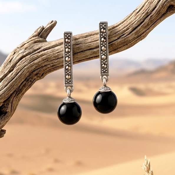 Black Onyx And Marcasite Silver Earrings